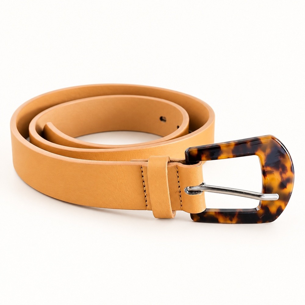 Womens Tan Faux Leather Belt Size M Tortoise Shell Rectangle Buckle Preppy Chic